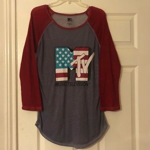 Sheer maroon and gray long sleeve MTV logo…